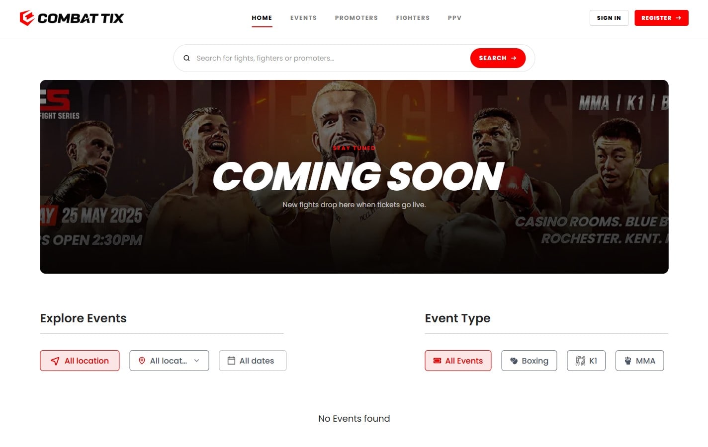 The Combat Tix website homepage